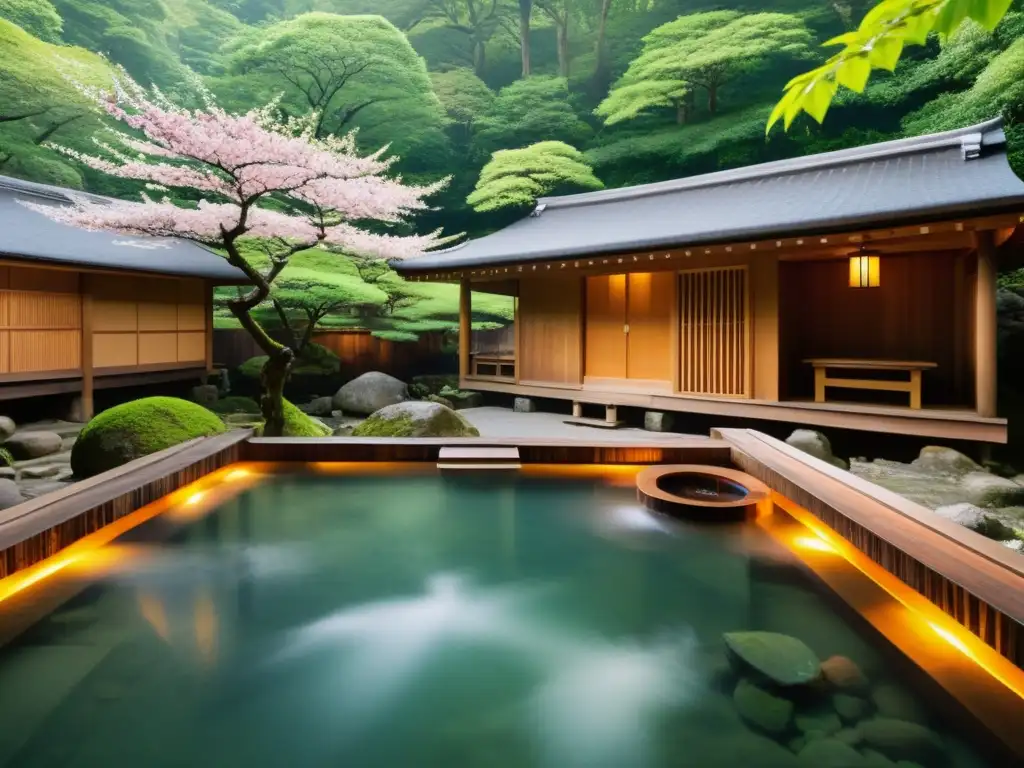 Tradicional onsen japonés rodeado de exuberante naturaleza, con petalos de cerezo flotando