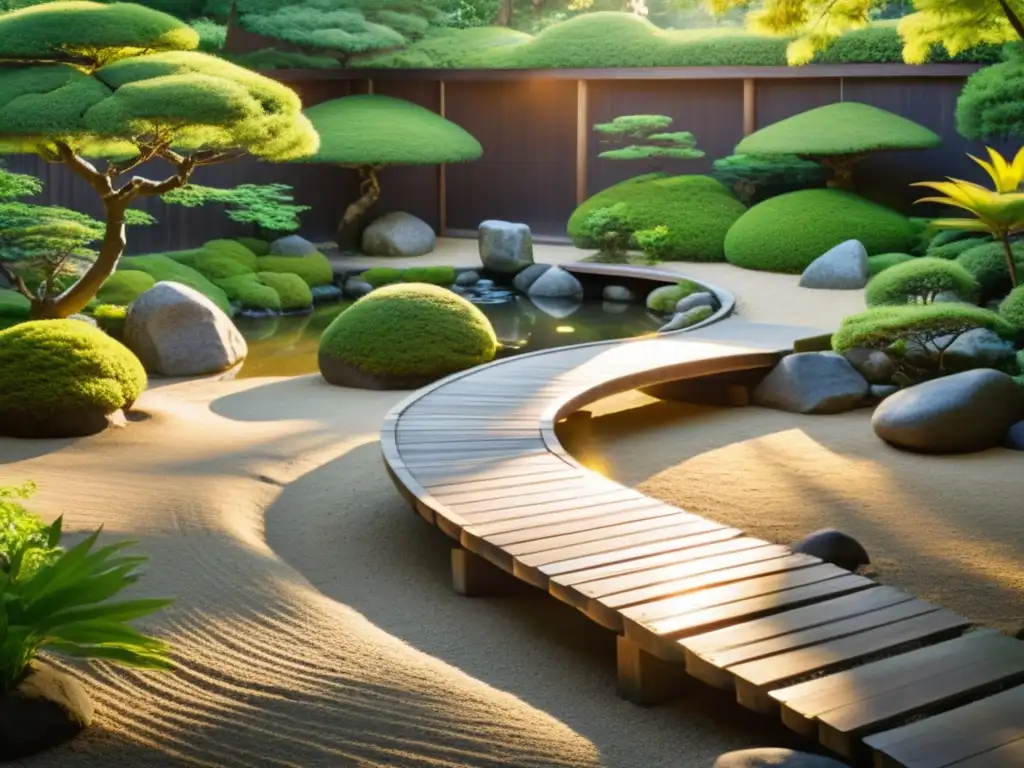 Un jardín japonés zen tradicional con paisaje sereno y ritual de meditación en templos zen