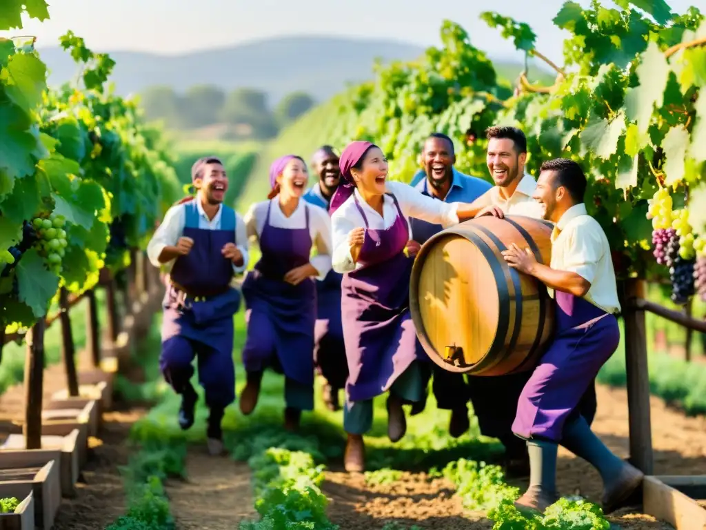 Tradicional ritual de vendimia en viñedos: trabajadores pisando uvas en barriles, rodeados de viñedos exuberantes y uvas maduras