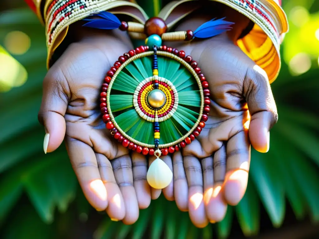 Un talismán tradicional de Oceanía sostenido por un anciano indígena en la selva lluviosa, enriquecido con plumas, conchas y cuentas coloridas