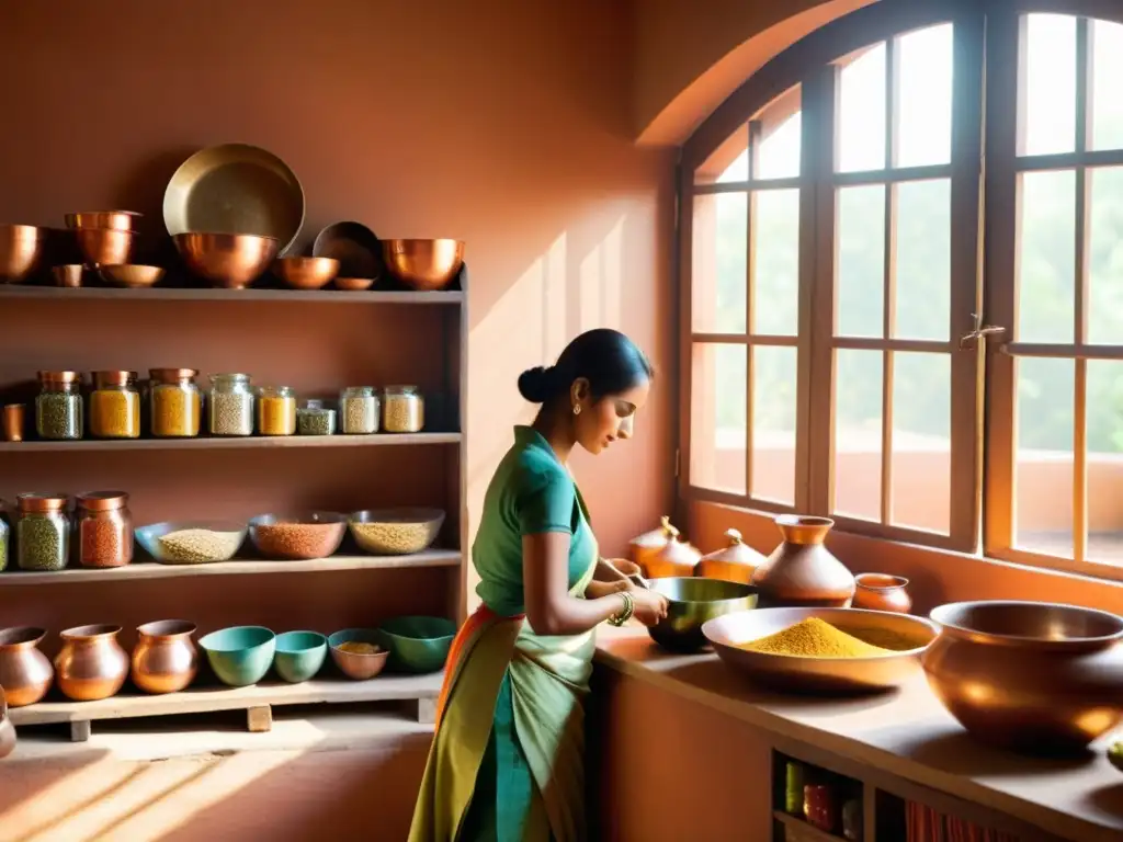 Tranquilidad y nutrición consciente en la cocina hindú Una tranquila cocina tradicional india iluminada por la cálida luz del sol, con especias coloridas y hierbas fragantes en estantes de madera