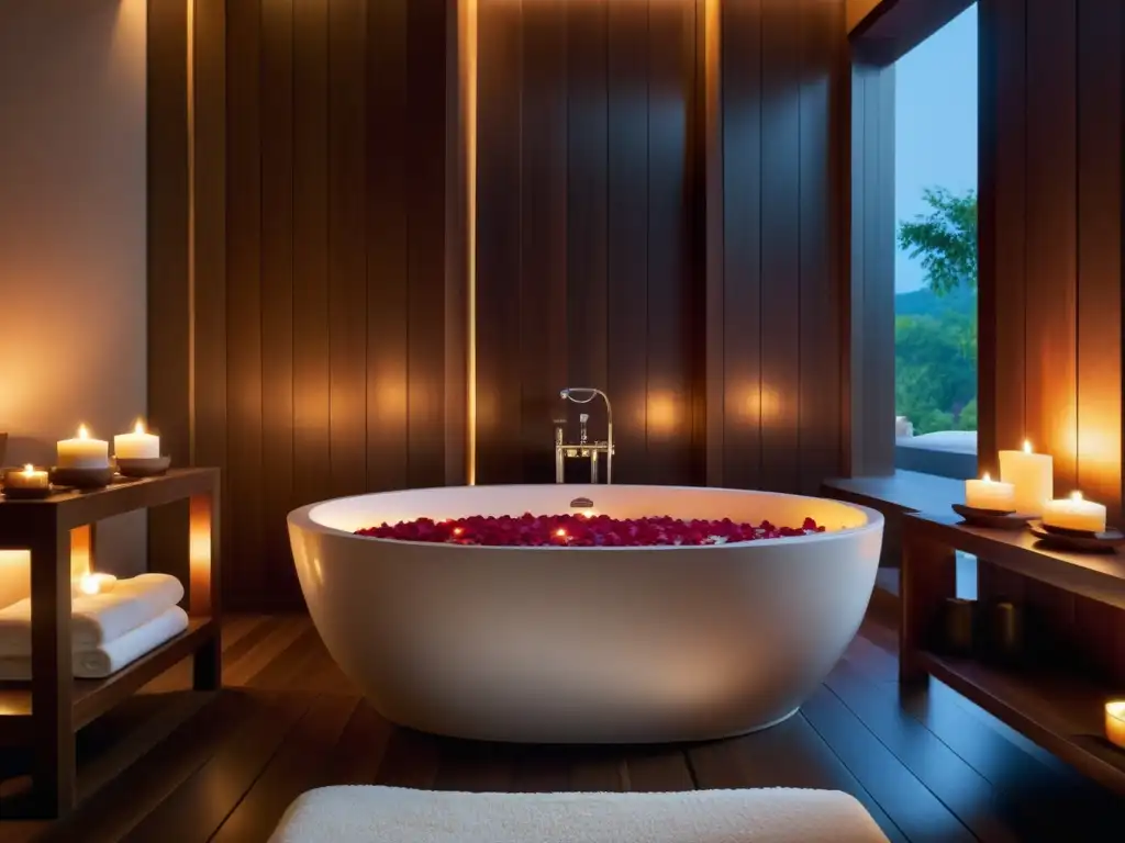 Un tranquilo espacio de spa iluminado con velas, bañera llena de pétalos de rosa y toallas blancas