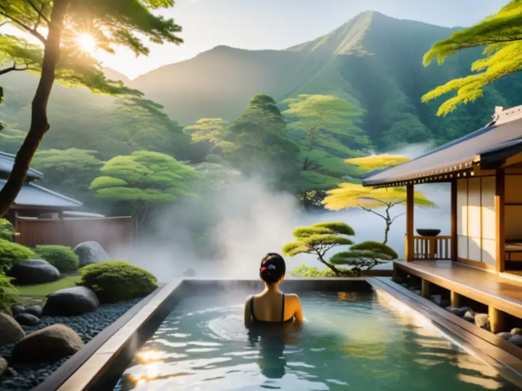 Un tranquilo onsen al aire libre en un entorno japonés tradicional