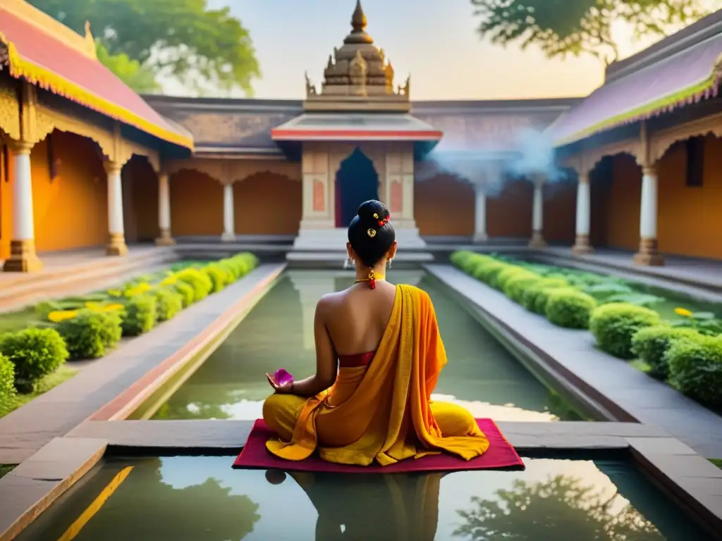 Un tranquilo patio en un templo hindú con meditación y rituales espirituales