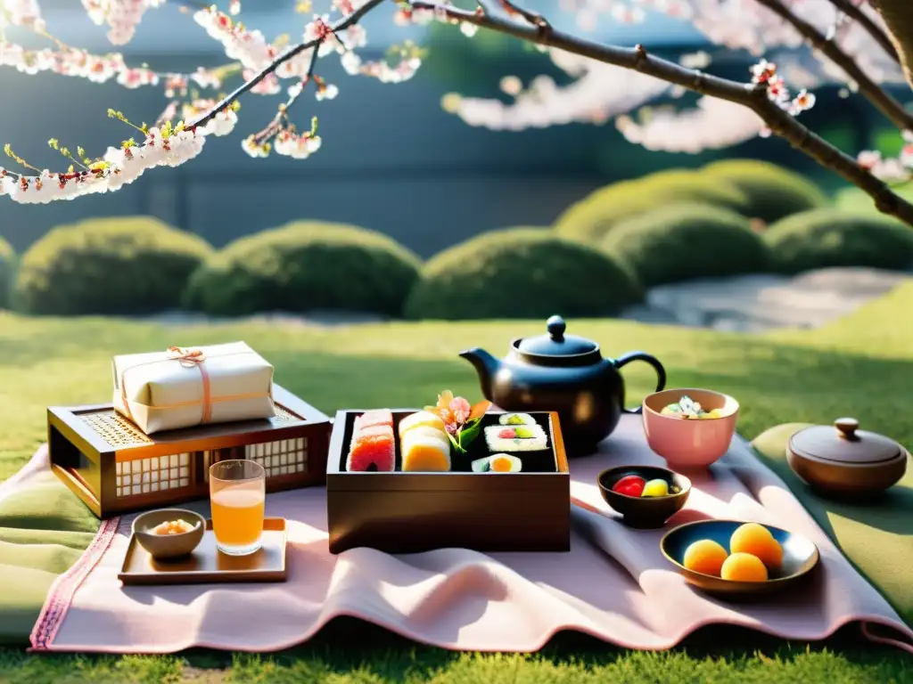 Un tranquilo picnic japonés bajo un cerezo en flor