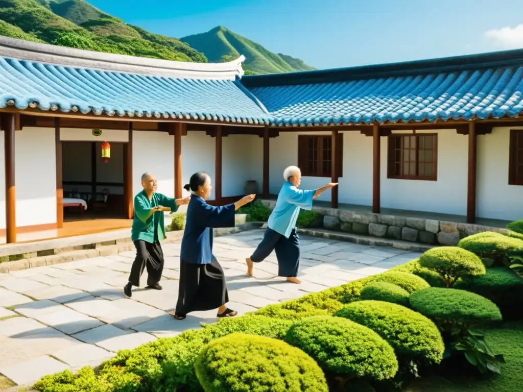 Un tranquilo pueblo en Okinawa, Japón, con techos de tejas y exuberante vegetación