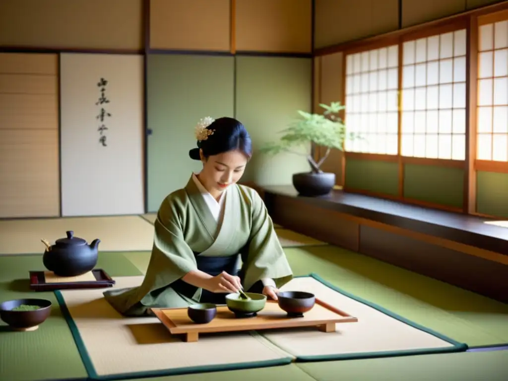 Un tranquilo ritual japonés del té en una elegante habitación de tatami