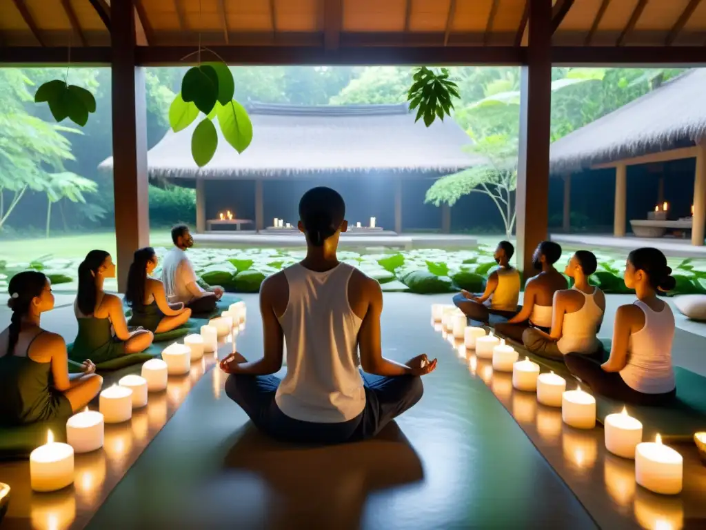 Un tranquilo salón de meditación iluminado con velas, donde participantes practican meditación Vipassana en silencio introspectivo