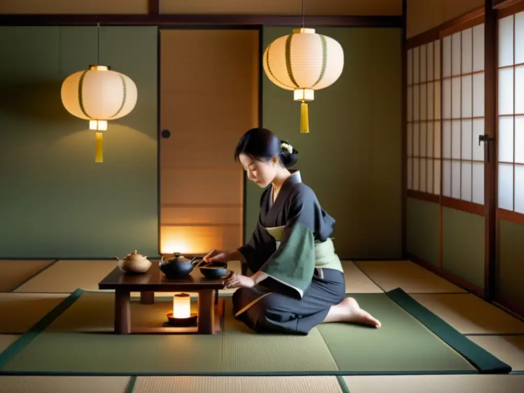 En un tranquilo salón de té japonés, una maestra del té, vestida con kimono, prepara matcha con movimientos meticulosos, evocando paz y armonía