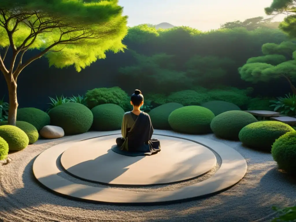 Un jardín Zen tranquilo y sereno con grava cuidadosamente rastrillada, rocas y exuberante vegetación