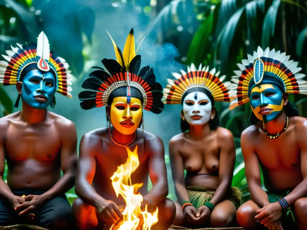 Los Tukano realizan el ritual del Warime en la selva amazónica, rodeados de naturaleza exuberante y máscaras coloridas