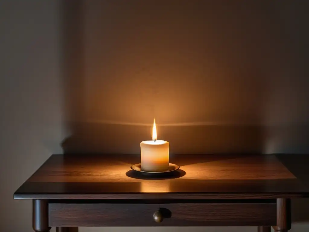 Uso de la luz en rituales: Habitación con vela encendida en mesa de madera, proyectando sombras