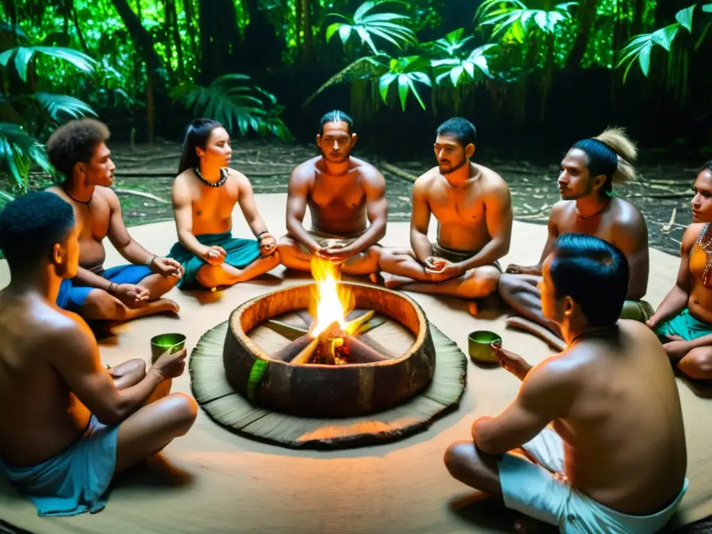 Uso ritual de Ayahuasca en Amazonia: Ceremonia espiritual con indígenas en la selva amazónica, rodeados de exuberante vegetación