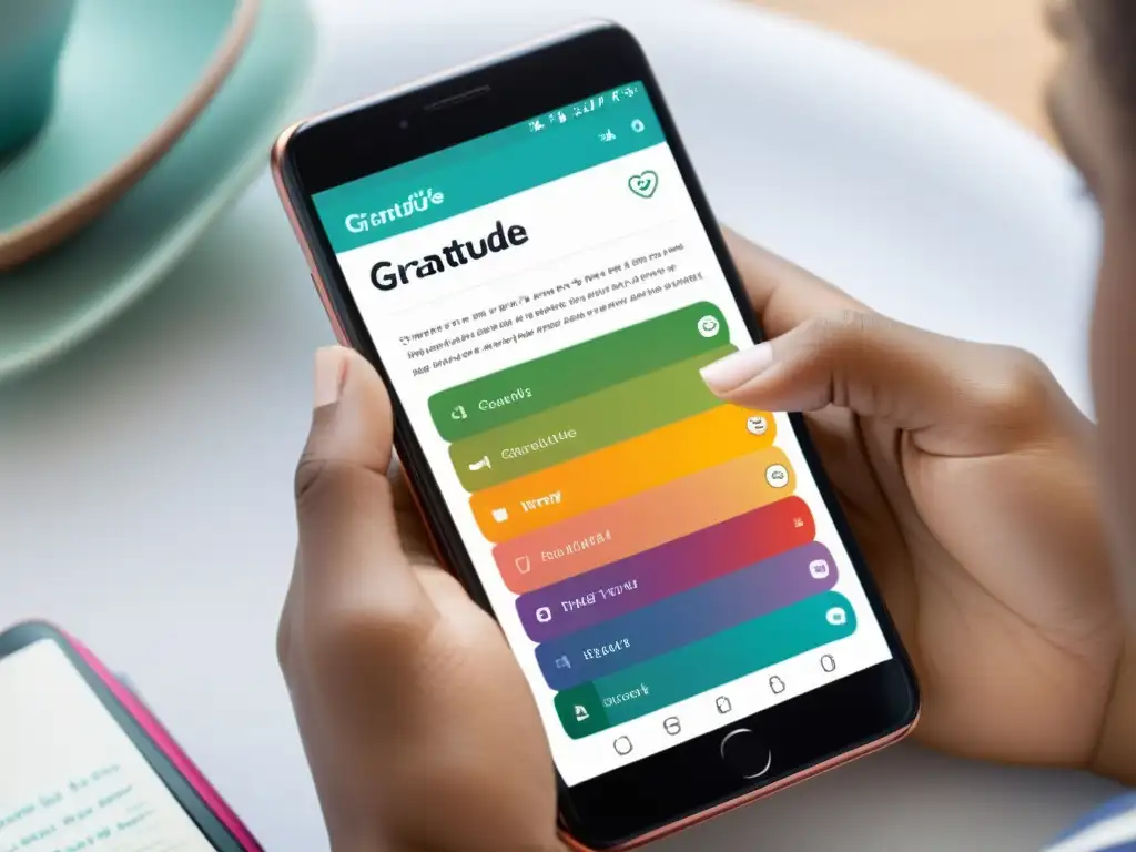 Usuario escribiendo en app para cultivar gratitud diaria en smartphone, reflejando modernidad y mindfulness