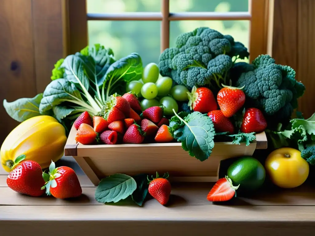 Variedad de frutas y vegetales coloridos en mesa de madera, destacando su frescura y vitalidad