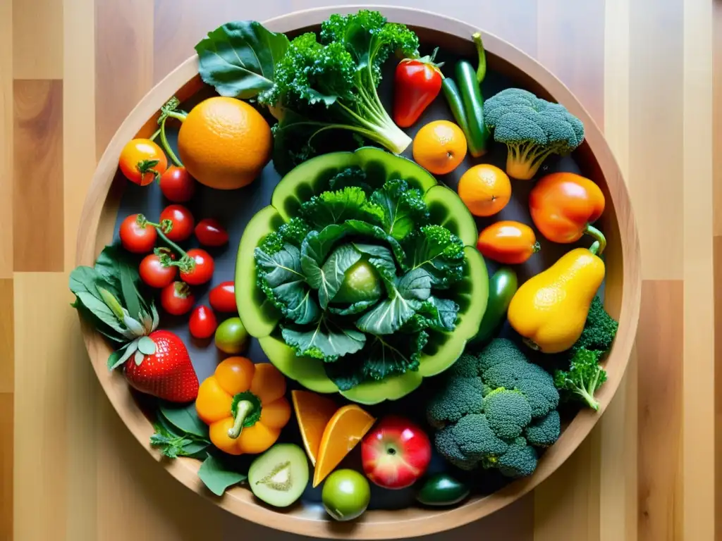 Una variedad de frutas y verduras coloridas dispuestas en círculo sobre una mesa de madera, con luz natural vibrante