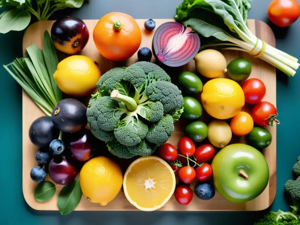 Una variedad de frutas y verduras coloridas dispuestas en una tabla de cortar de madera, resaltando su frescura y vitalidad