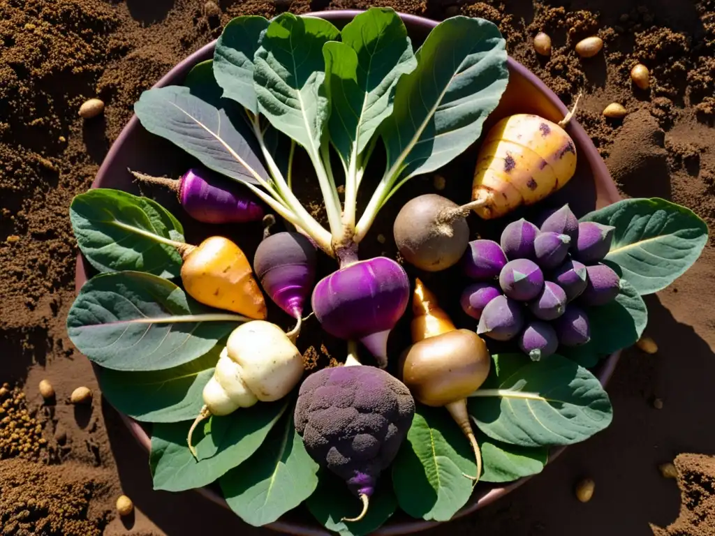 Variedad de tubérculos en la tierra, con colores y texturas vibrantes