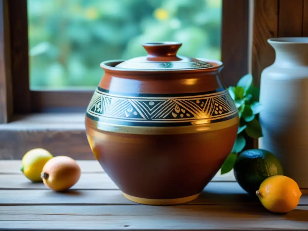 Vaso de fermentación de cerámica con diseños pintados a mano en tonos terrosos, rodeado de ingredientes para rituales de fermentación en culturas