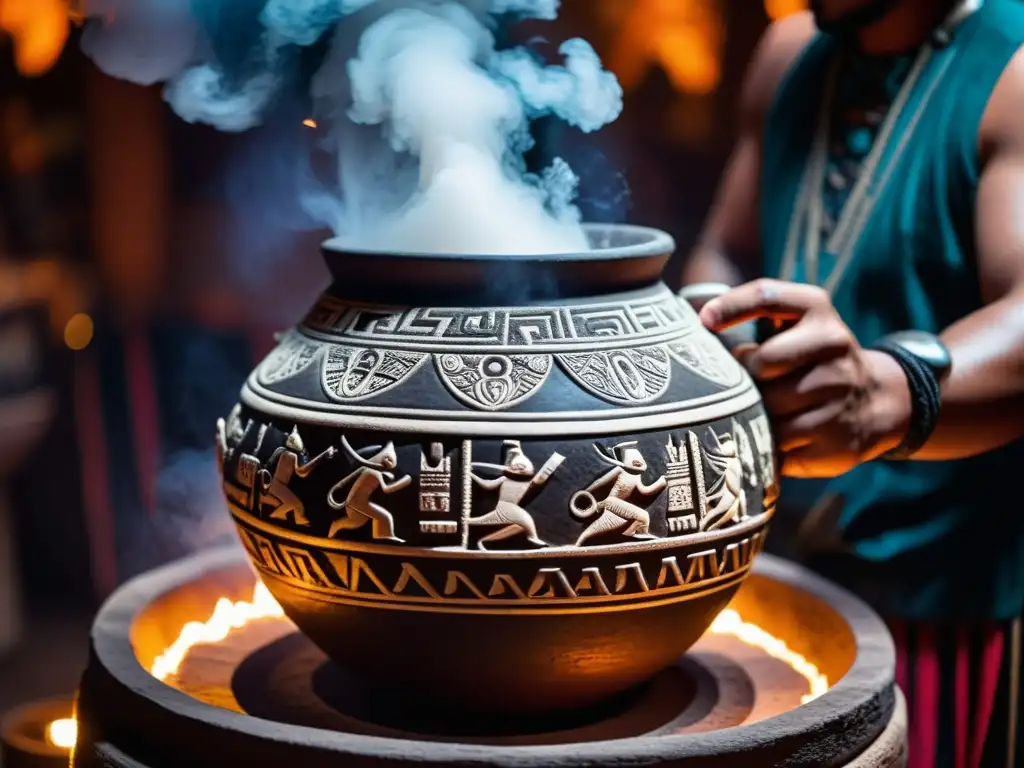 Un chamán azteca sostiene un vaso ceremonial de pulque en rituales aztecas prehispánicos, rodeado de adoradores y símbolos religiosos