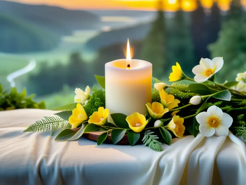 Vela encendida rodeada de naturaleza y flores, evocando la celebración de Rituales de Imbolc en neopaganismo con luz cálida y esperanza primaveral