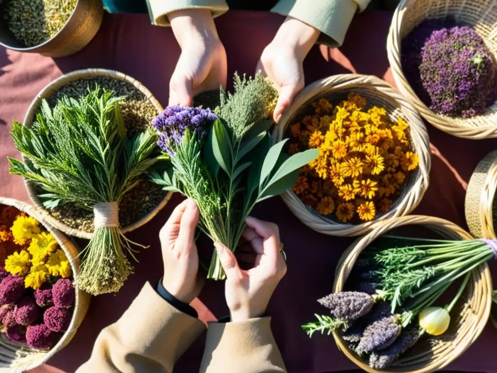 Un vendedor selecciona con cuidado hierbas y flores secas en un bullicioso mercado