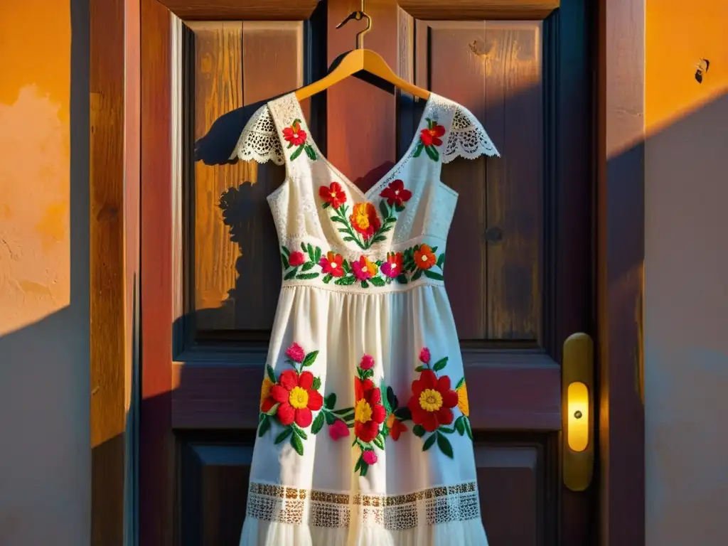 Vestido de boda mexicano bordado colgado en puerta de madera rústica, con patrones florales vibrantes y detalles de encaje, iluminado por el cálido resplandor del atardecer