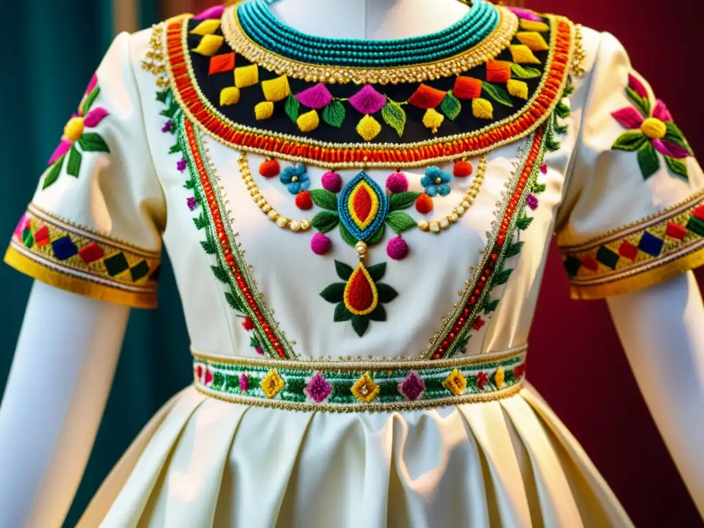 Un vestido de novia tradicional de una cultura específica, con bordados intrincados, detalles con cuentas y colores vibrantes