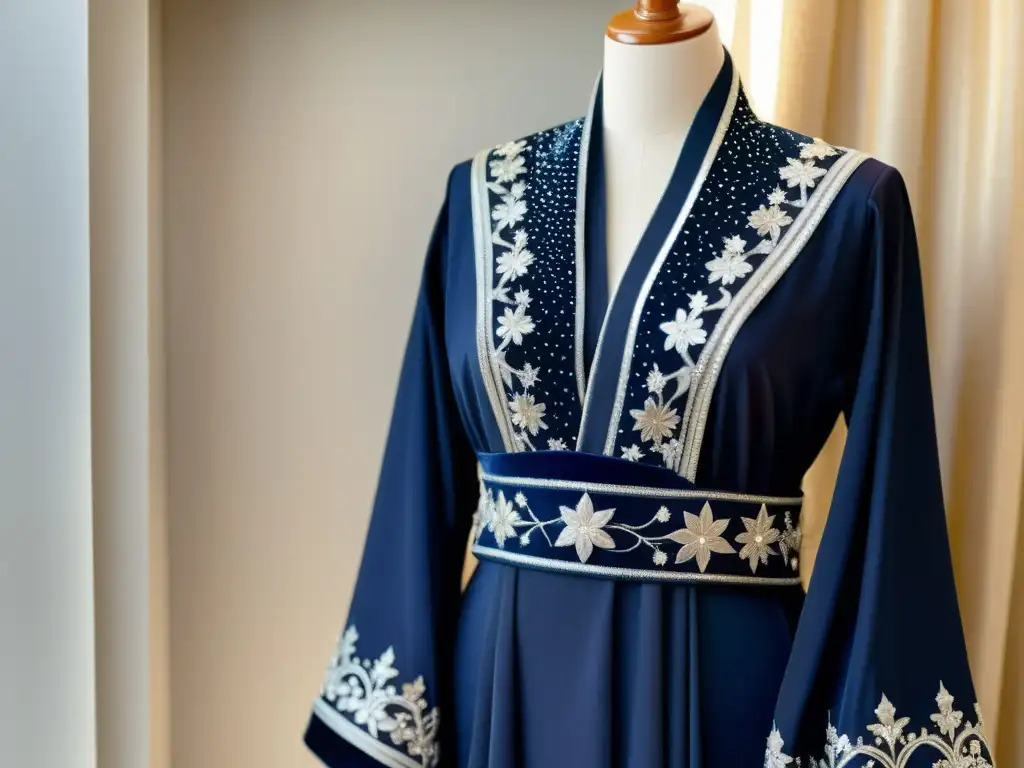 Robe islámica indigo bordada con hijab a juego Vestimenta islámica en azul índigo, bordada con hilo plateado y lentejuelas, refleja la importancia de la modestia en la cultura islámica
