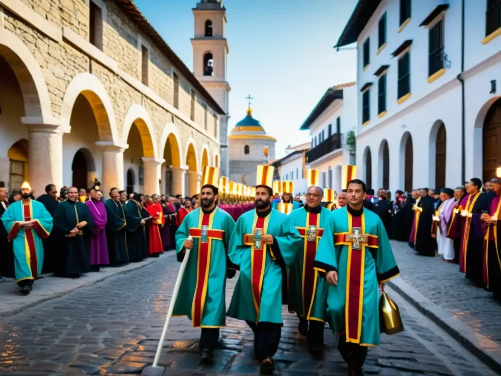 Procesión del Viacrucis Semana Santa significado: gente caminando con cruces y velas en una calle empedrada, bajo la luz de la tarde