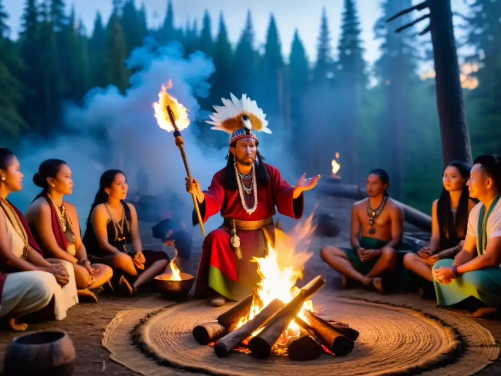 Viaje chamánico prácticas rituales alrededor del fuego en el místico bosque