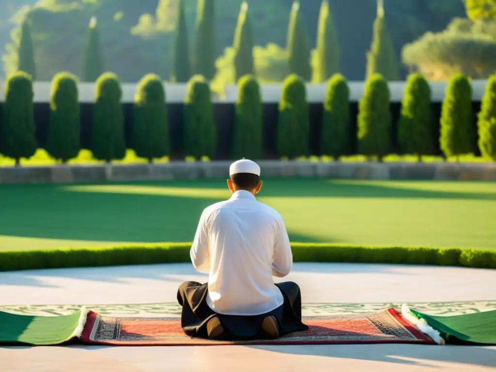 Un viajero musulmán realiza Salat en un entorno natural sereno, conectando con la tranquilidad espiritual de los rituales musulmanes en el extranjero