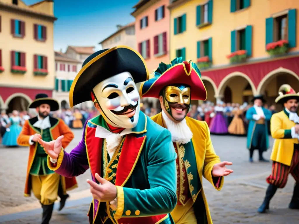 Vibrante actuación de la Commedia dell'Arte con trajes coloridos y expresiones faciales, mostrando los rituales en la Comedia del Arte