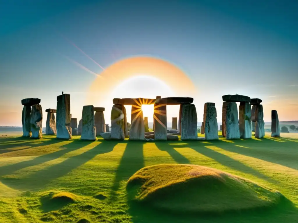 Vibrante amanecer sobre Stonehenge durante el solsticio de verano, con siluetas de personas y sombras dramáticas en las antiguas piedras