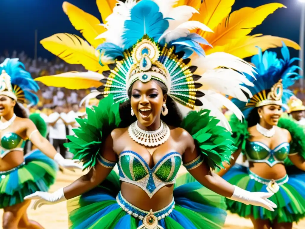 Desfile de graduación de samba: colores y ritmo en Río Vibrante baile de graduación de escuelas de samba en Rio de Janeiro, con coloridos trajes y energía festiva