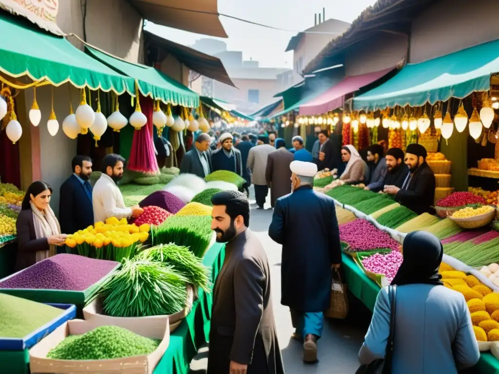 Vibrante bazar persa durante la celebración del Nowruz con locales y decoraciones coloridas