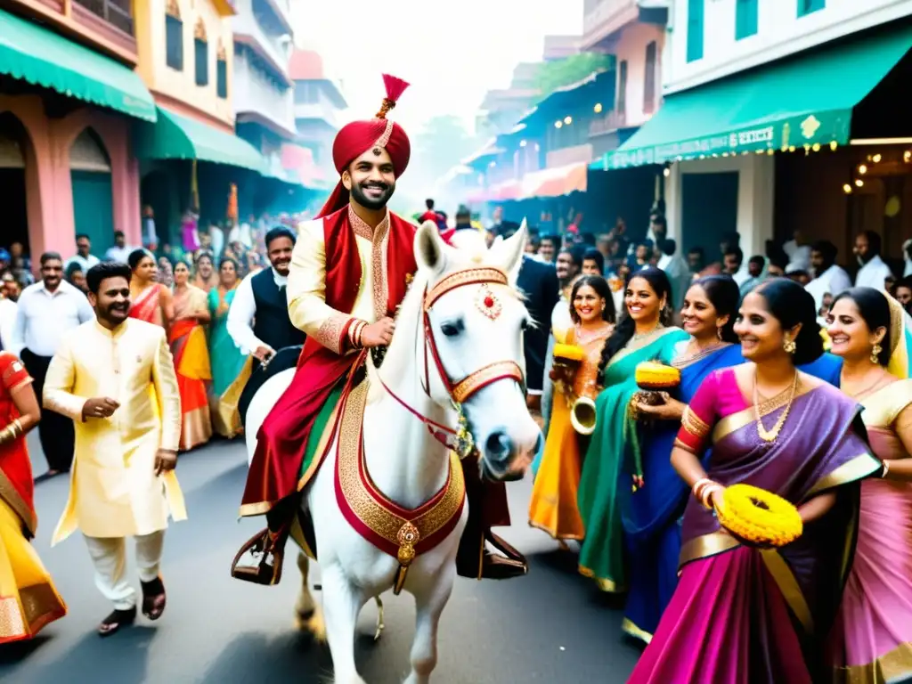 Una vibrante procesión de boda india, con el novio montando un caballo blanco decorado y rodeado de músicos, bailarines y familiares alegres