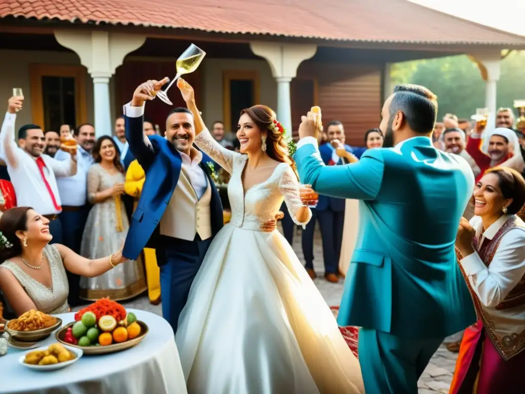 Vibrante celebración de boda turca con el ritual del raki turco en ambiente festivo al aire libre, novios y familiares felices