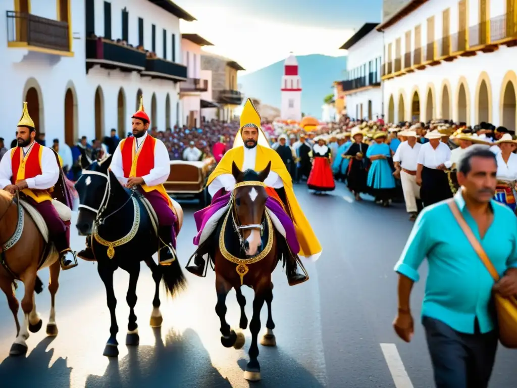 Vibrante Romería del Rocío en Andalucía: bulliciosas calles, trajes tradicionales, peregrinos y carretas bajo cálida luz dorada