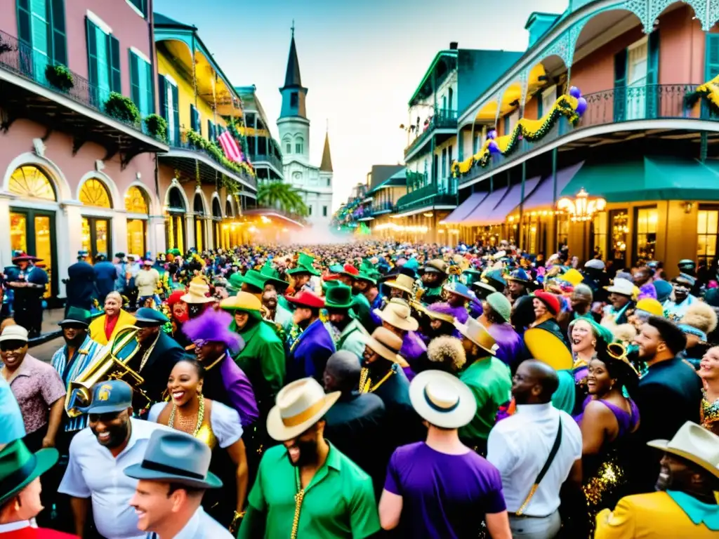 Vibrante caos del desfile de Mardi Gras en Nueva Orleans, capturando rituales y energía cultural