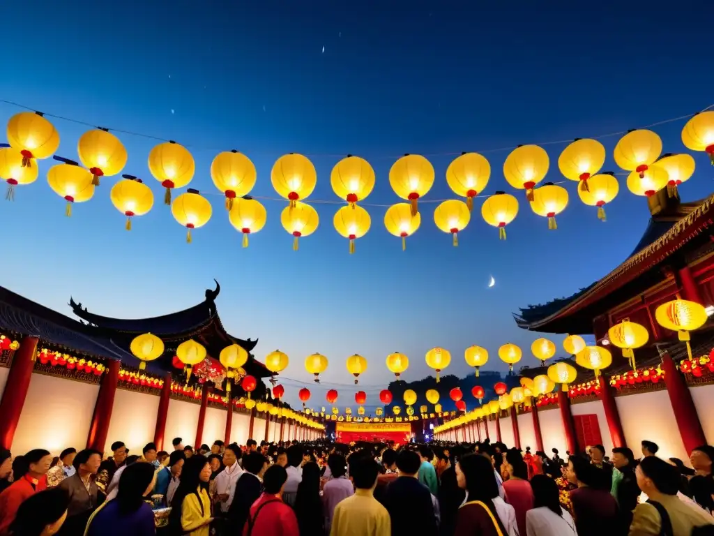 Vibrante celebración del Festival de la Luna en China, con luna llena brillante, coloridas linternas y danza del dragón