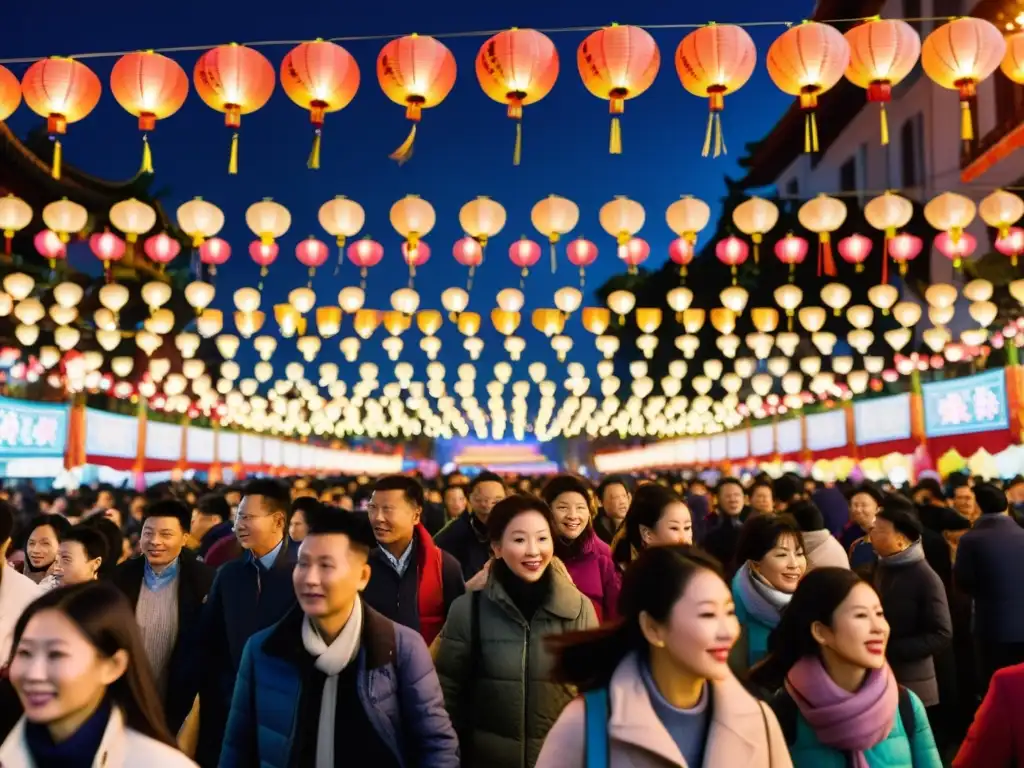 Vibrante celebración de la Fiesta de las Linternas en China, con coloridos faroles iluminando el cielo nocturno y gente disfrutando de la festividad