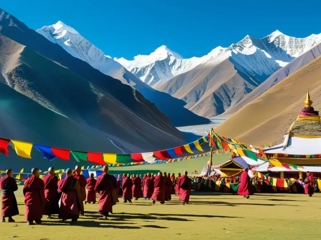 Vibrante celebración del Losar tibetano en un monasterio rodeado de montañas nevadas