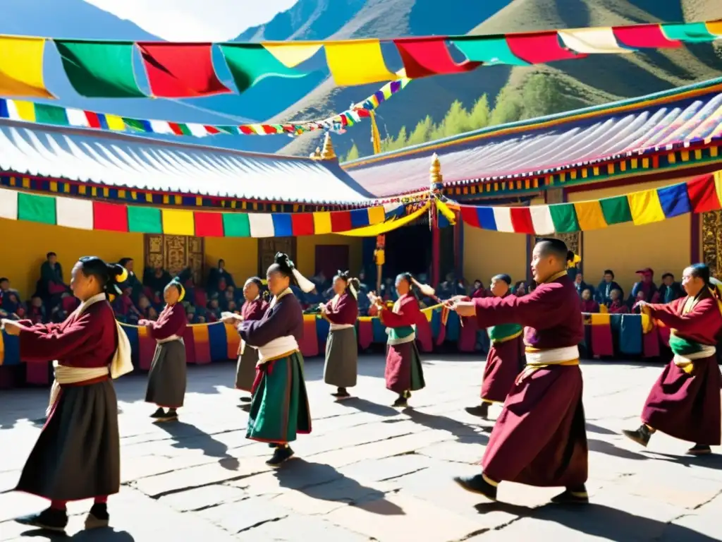 Vibrante celebración del Losar tibetano, con coloridas vestimentas y danzas tradicionales en un patio adornado con banderas de oración