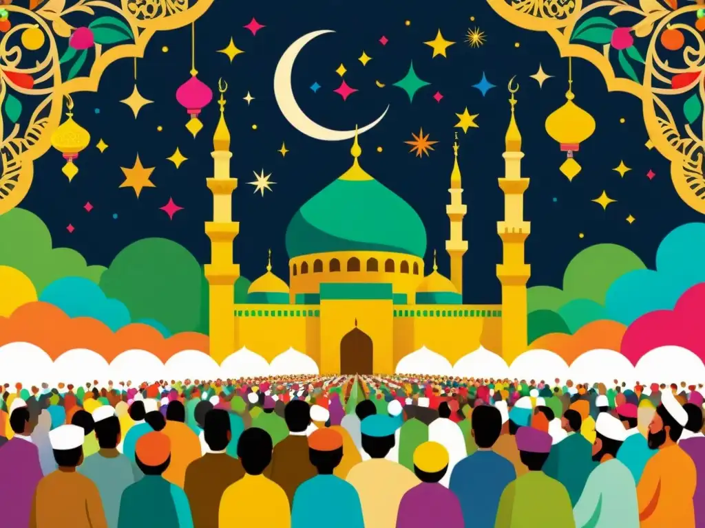 Vibrante ilustración de la celebración del nacimiento en Islam, con decoraciones coloridas y festividades culturales y religiosas