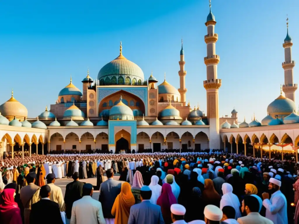 Vibrante celebración del nacimiento en Islam en una bulliciosa ciudad, con música, baile y vestimenta colorida