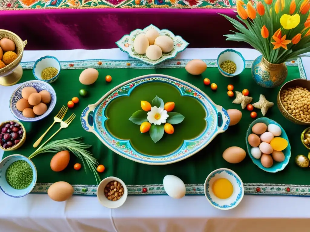 Vibrante celebración de Nowruz en Persia con rituales tradicionales y comunidad unida alrededor de la mesa HaftSeen