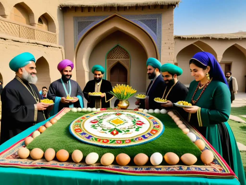 Una vibrante celebración de Nowruz en un pueblo tradicional persa, con una mesa HaftSeen decorada y personas vestidas con ropa tradicional