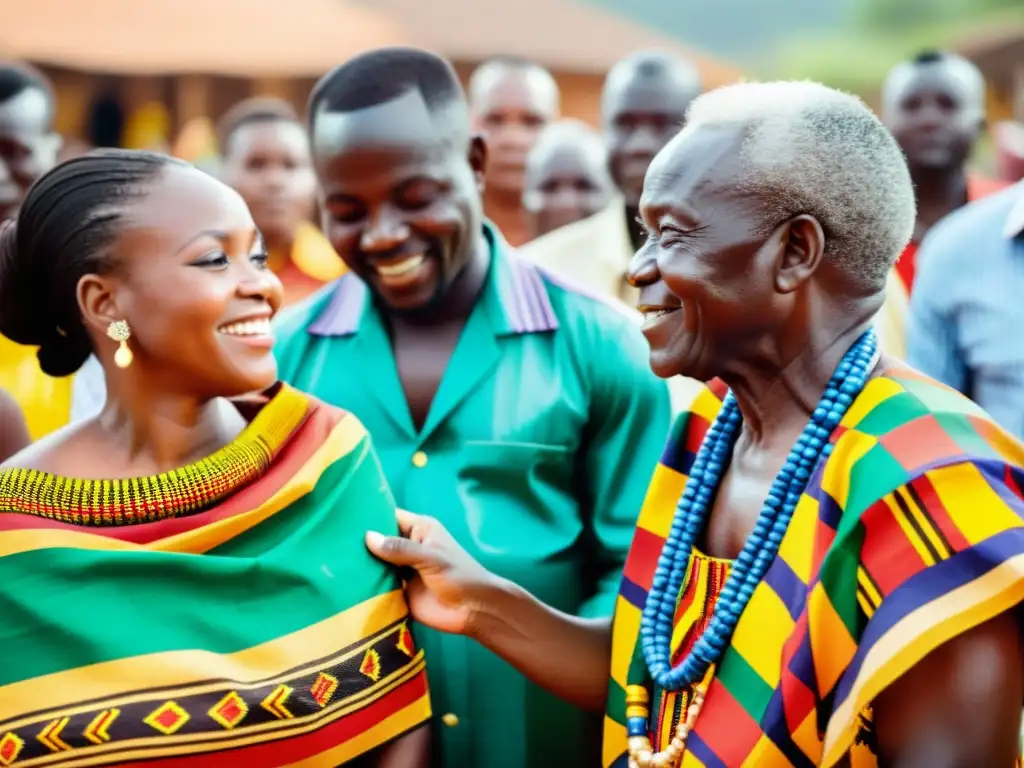 Una vibrante ceremonia de nombramiento Akan en Ghana, con ancianos en kente y una atmósfera festiva