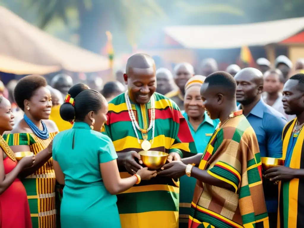 Una vibrante ceremonia de nombramiento Akan en una plaza del pueblo, con participantes ataviados con kente y joyas de oro